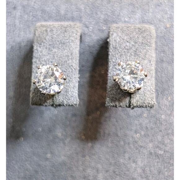 Silver Tone CZ Six Prong Stud Earrings - Picture 1 of 6